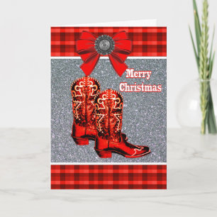 Tarjeta Botas Vaqueras Rojas De Cowboy Y Fiesta De Cuadros