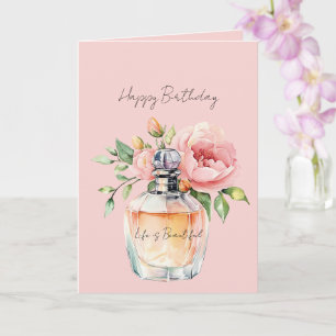 Tarjeta Botella de perfume Cumpleaños Rosas Melocotón Boni