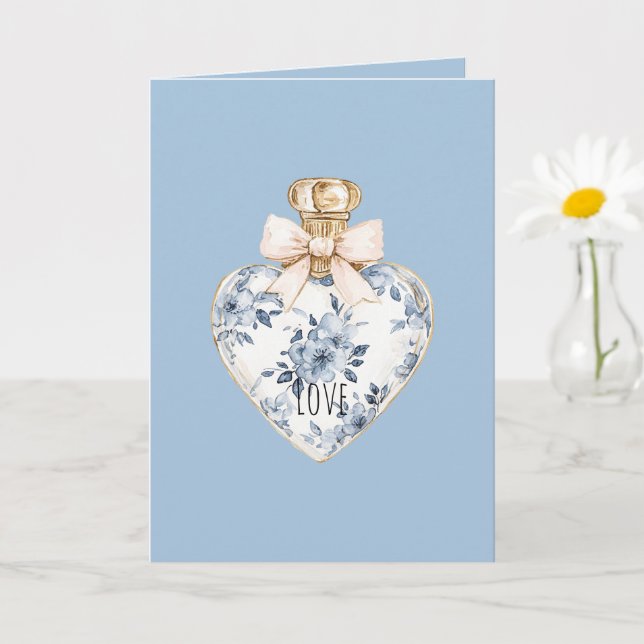 Tarjeta Botella de perfume de corazón floral blanco azul a (Planta pequeña)