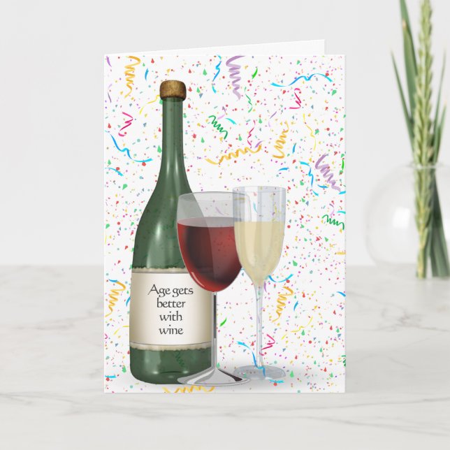 Tarjeta Botella de vino de Confetti fiesta por cumpleaños (Anverso)