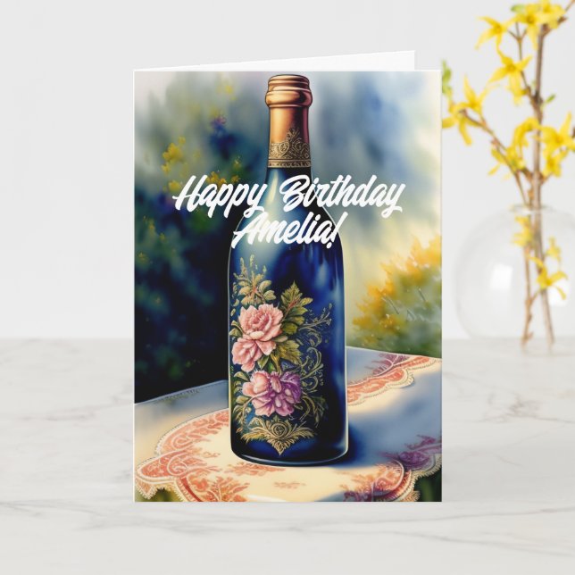 Tarjeta Botella de vino floral Cumpleaños (flor amarilla)
