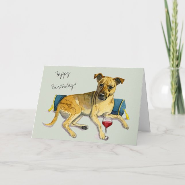 Tarjeta Bougie Brindle Dog Disfrutando del vino | Cumpleañ (Anverso)