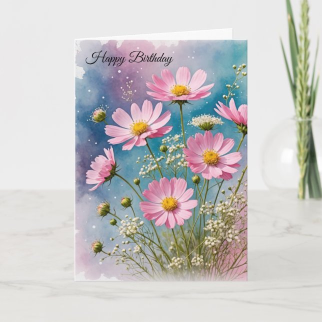 Tarjeta Bouquet Cosmos Rosa de Cumpleaños (Anverso)
