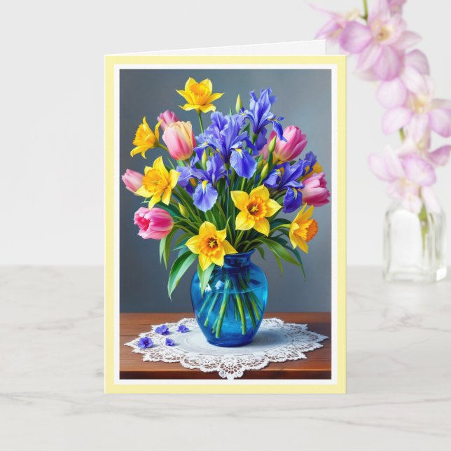 Tarjeta Bouquet de Daffodils Iris y Tulips, Día de la Madr (Orquídea)