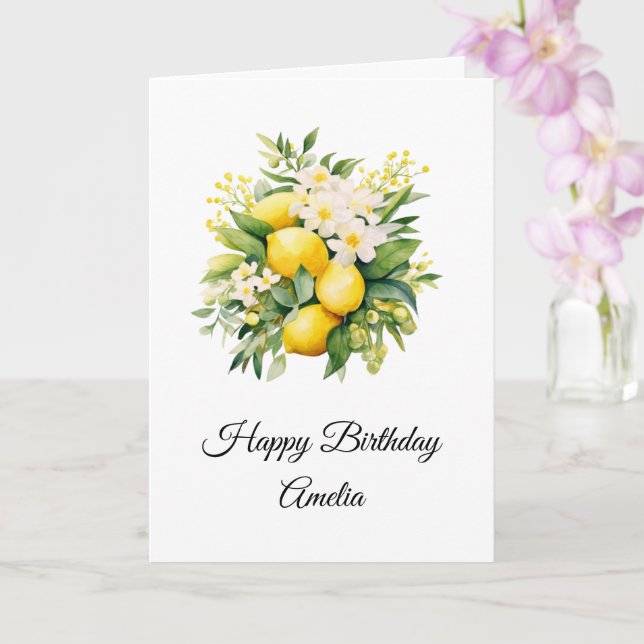 Tarjeta Bouquet de limón con flores blancas Cumpleaños (Orquídea)