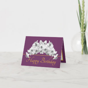 Tarjeta Bouquet de oro morado Daffodils blancos Feliz cump