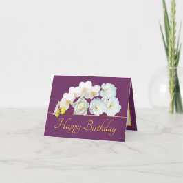 Tarjeta Bouquet de oro morado Flores blancas Feliz cumplea