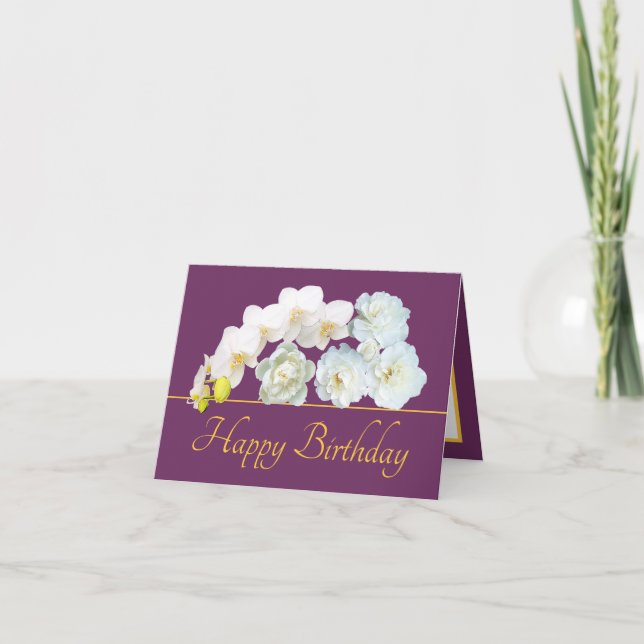 Tarjeta Bouquet de oro morado Flores blancas Feliz cumplea (Anverso)