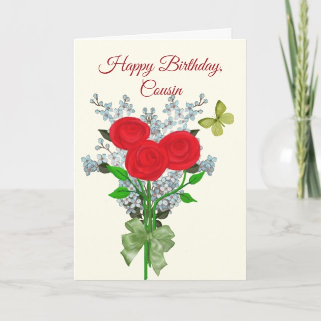 Tarjeta Bouquet de Rosas y Lilacs Cumpleaños de Primo (Anverso)