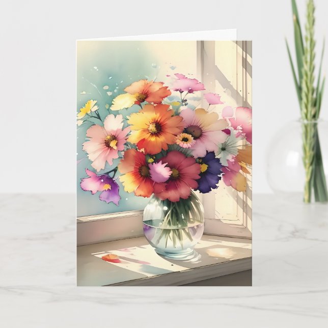 Tarjeta Bouquet en un cumpleaños de amigo en la ventana (Anverso)