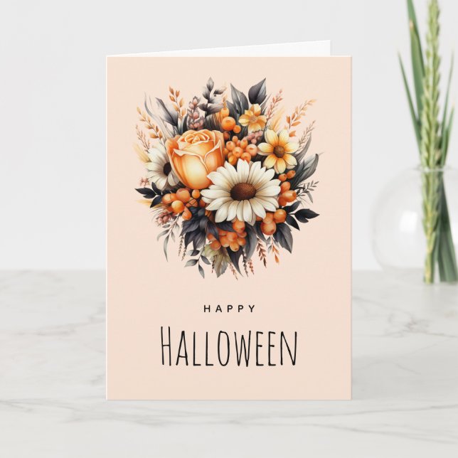 Tarjeta Bouquet Halloween con flores grises amarillas y na (Anverso)