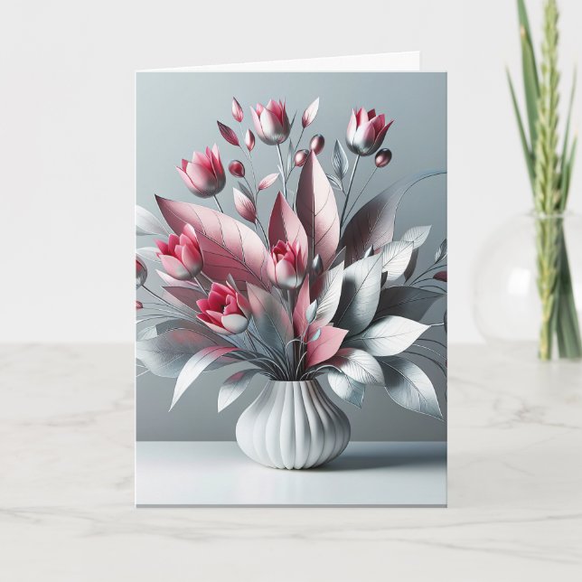 Tarjeta Bouquet Tulip Birthday con hojas plateadas (Anverso)
