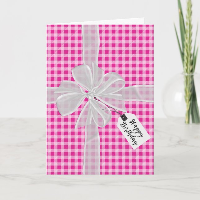 Tarjeta Bow De Cumpleaños En Pink Gingham (Anverso)