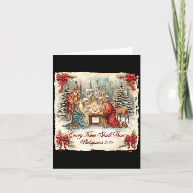 Tarjeta Bow Santa Christmas Nativity Scene Every Knee Shal (Anverso)