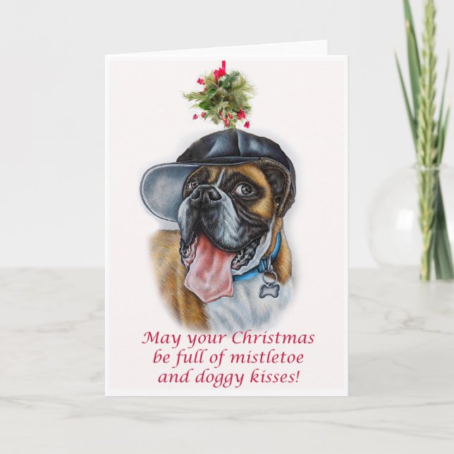 Tarjeta Boxer Dog and Mistletoe Navidades Art (Anverso)