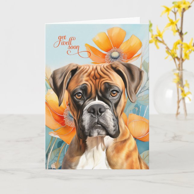 Tarjeta Boxer Dog Bold Orange Poppy Flowers Get Well (flor amarilla)