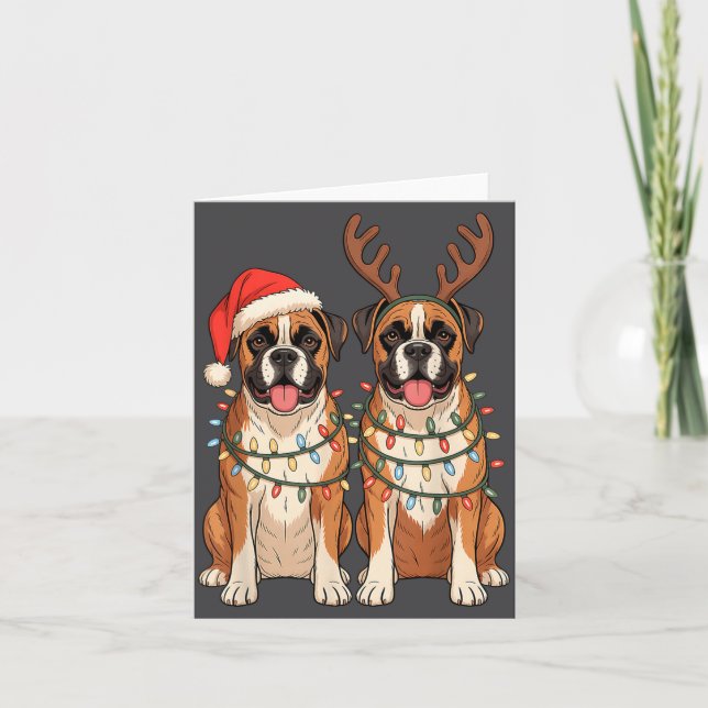 Tarjeta Boxer Dog Christmas Santa Hat Reindeer Lights Paja (Anverso)