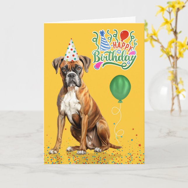 Tarjeta Boxer Dog Party Hat Yellow Birthday (flor amarilla)