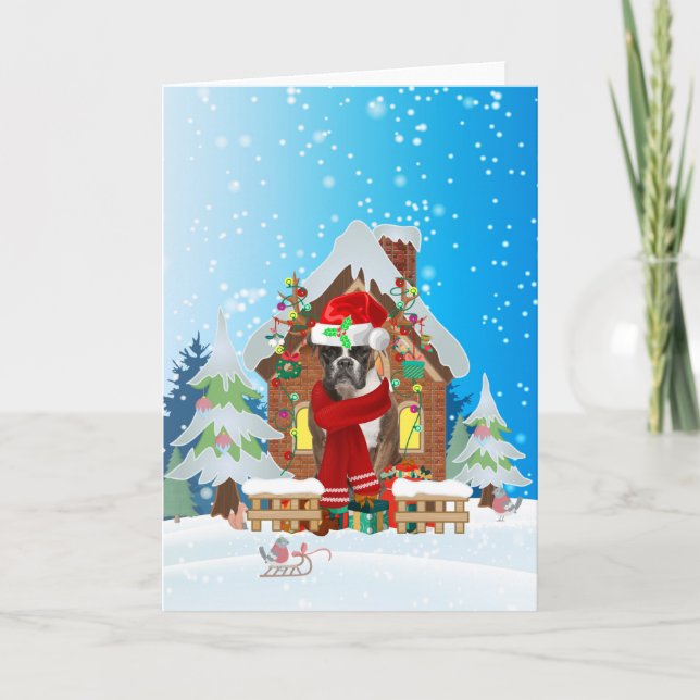 Tarjeta Boxer en la nieve con regalos de Navidades (Anverso)