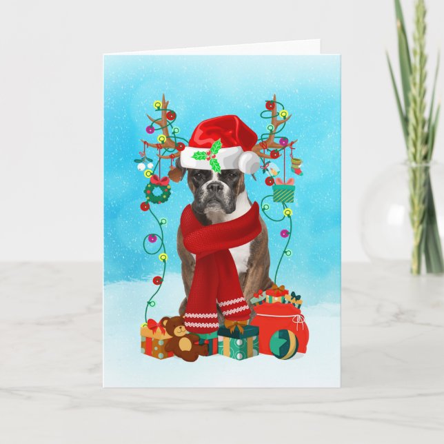 Tarjeta Boxer en la nieve con regalos de Navidades (Anverso)