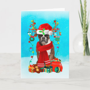Tarjeta Boxer en la nieve con regalos de Navidades