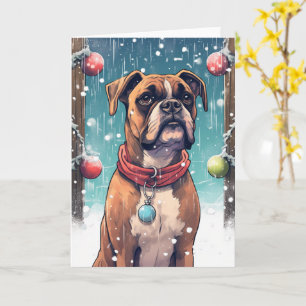 Tarjeta Boxer Jugando con Adornos de Navidad en la Nieve