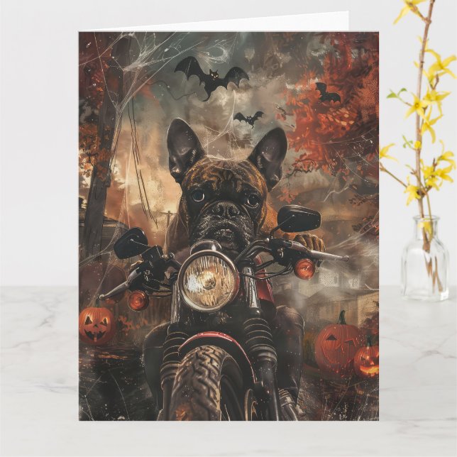 Tarjeta Boxer montando motocicleta Halloween Da miedo (flor amarilla)