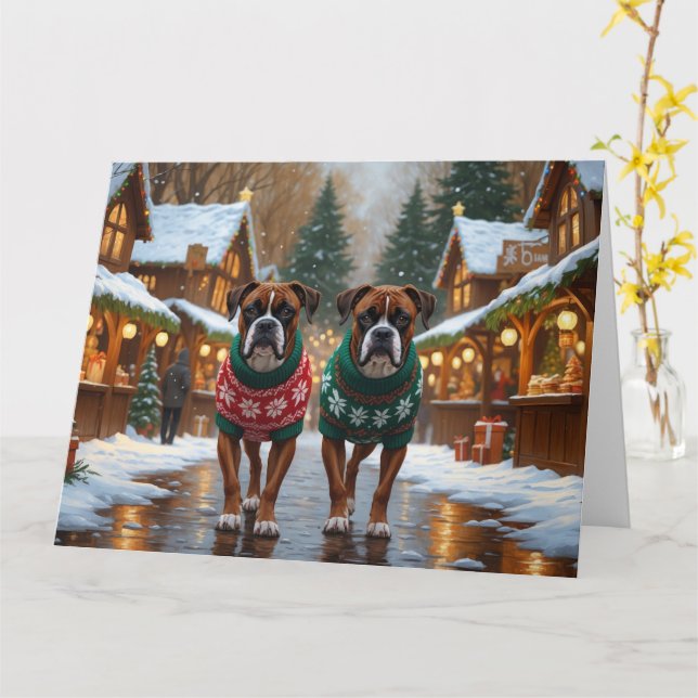 Tarjeta Boxer Navidades de perros en vacaciones de nieve (flor amarilla)