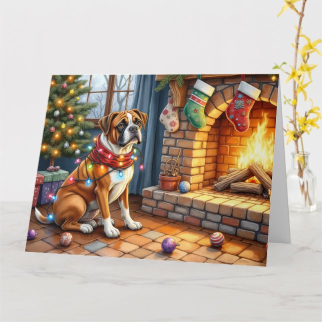 Tarjeta Bóxer sentado junto a la chimenea con luces de Nav (flor amarilla)