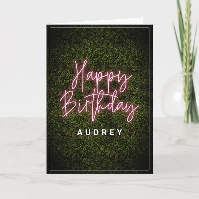 Tarjeta Boxwood Rótulo de Neón Rosa Feliz Cumpleaños (Anverso)