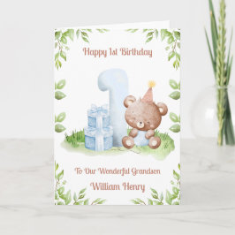 Tarjeta Boy 1st Birthday Greenery Teddy Bear Card