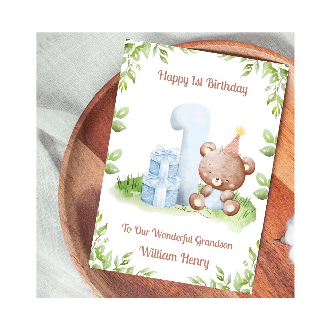Tarjeta Boy 1st Birthday Greenery Teddy Bear Card (Subido por el creador)