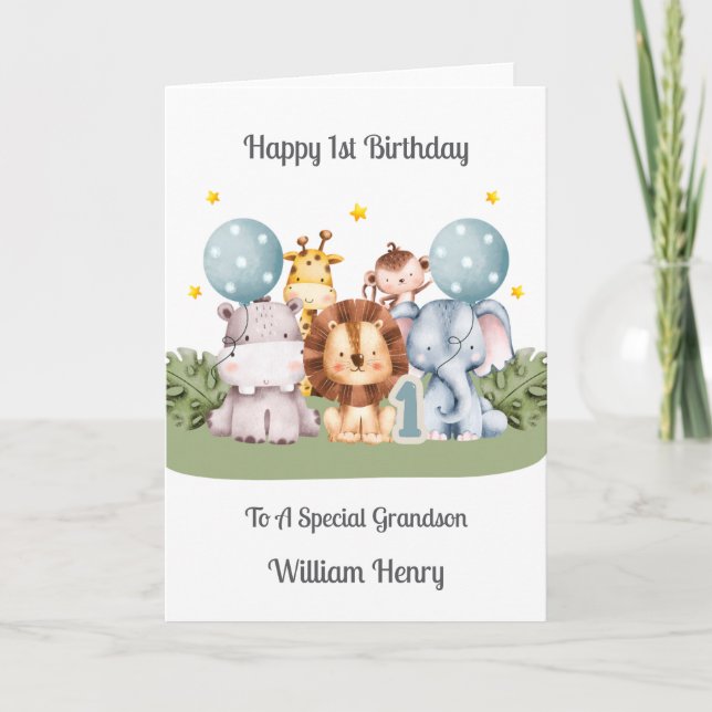 Tarjeta Boy 1st Birthday Safari Leaf Animals Card (Anverso)