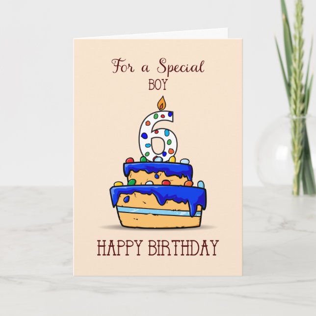 Tarjeta Boy 6 cumpleaños, 6 en dulce pastel azul (Anverso)
