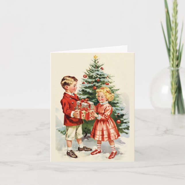 Tarjeta Boy and girl giving each other Christmas presents (Anverso)