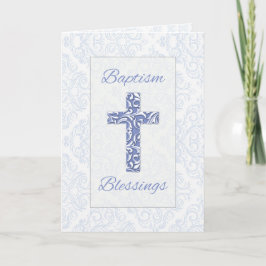 Tarjeta Boy Baptism Bendición Cruz Azul Damasco Swirls