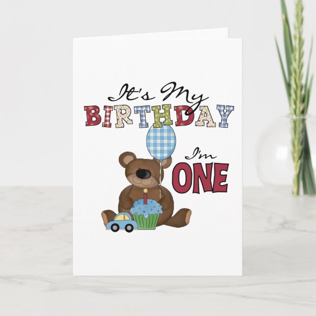 Tarjeta Boy Bear camisetas y regalos de primer cumpleaños (Anverso)