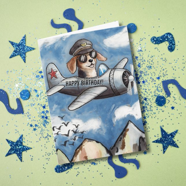 Tarjeta Boy Birthday Dog Airplane Clouds Mountains Funny (Subido por el creador)