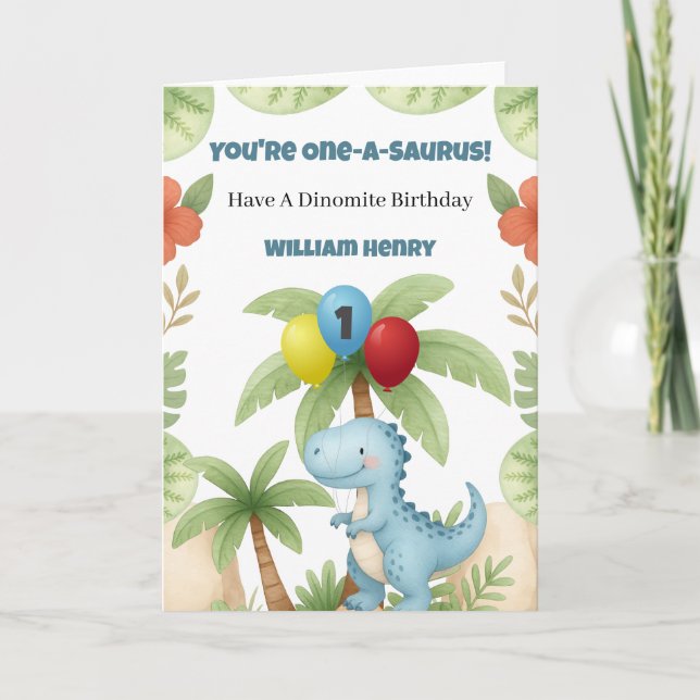 Tarjeta Boy Dinosaur One A Saurus 1st Birthday Card (Anverso)