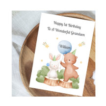 Boy First Birthday Woodland Rabbit Bear Card