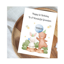 Tarjeta Boy First Birthday Woodland Rabbit Bear Card