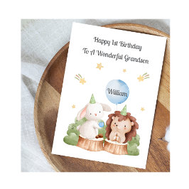 Tarjeta Boy First Birthday Woodland Rabbit Hedgehog Card