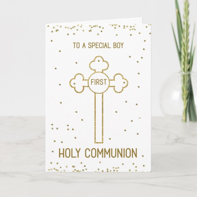 Tarjeta Boy First Holy Communia Gold Look Cross (Anverso)