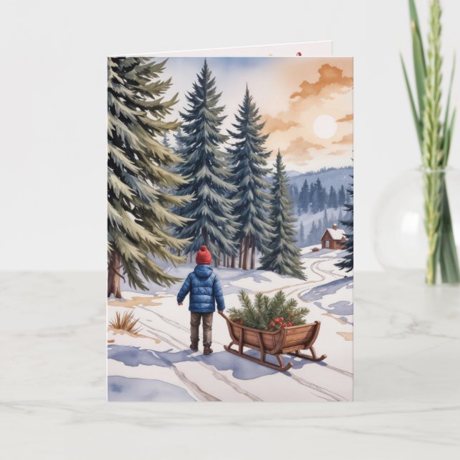Tarjeta Boy Pulling a Sled With Christmas Evergreen Boughs (Anverso)