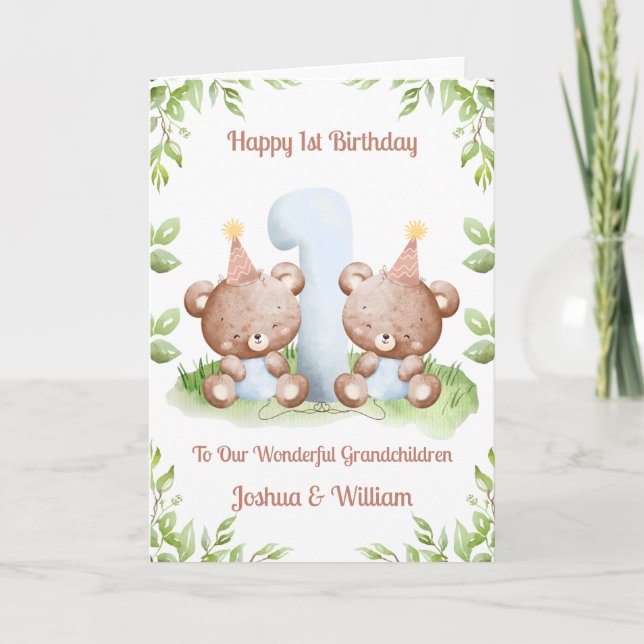 Tarjeta Boy Twins 1st Birthday Greenery Teddy Bear Card (Anverso)