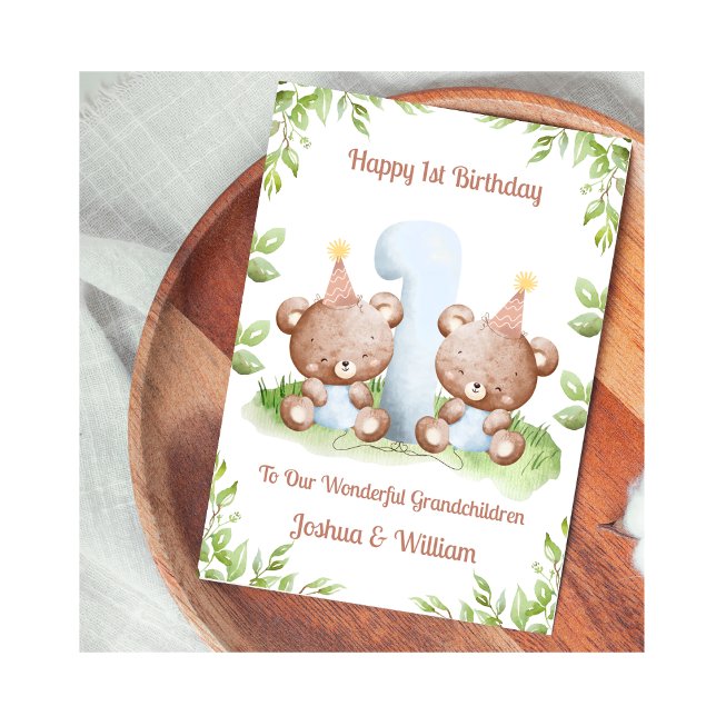 Tarjeta Boy Twins 1st Birthday Greenery Teddy Bear Card (Subido por el creador)