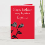 Tarjeta Boyfriend Birthday<br><div class="desc">Una tarjeta especial de bienvenida de cumpleaños para tu novio, este diseño presenta un elegante rosa gris y negro sobre un fondo rojo. Hay un texto gris claro complementario. Adentro hay un mensaje encantador. ¡Pida hoy tu tarjeta de cumpleaños! Imagen de Clker-Free-Vector-Images del mensaje de la tarjeta de felicitación Pixabay:...</div>