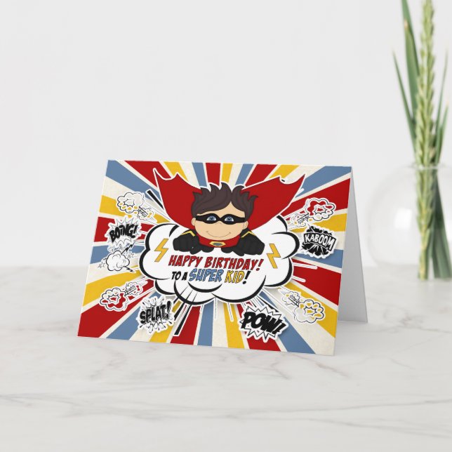 Tarjeta Boys Birthday Super Kid Red and Blue Comic Book (Anverso)