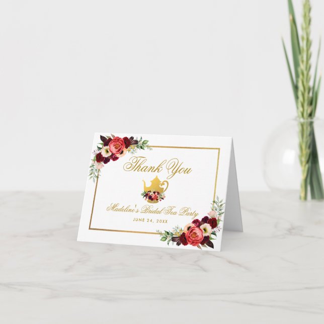 Tarjeta Bridal Shower Tea Fiesta Burgundy Boho Floral Note (Anverso)