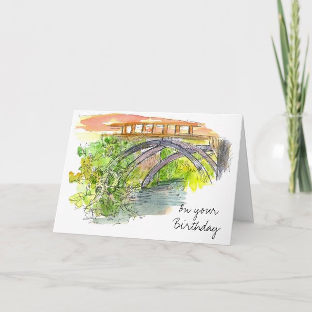 Tarjeta Bridge Landscape Watercolor Feliz cumpleaños (Anverso)